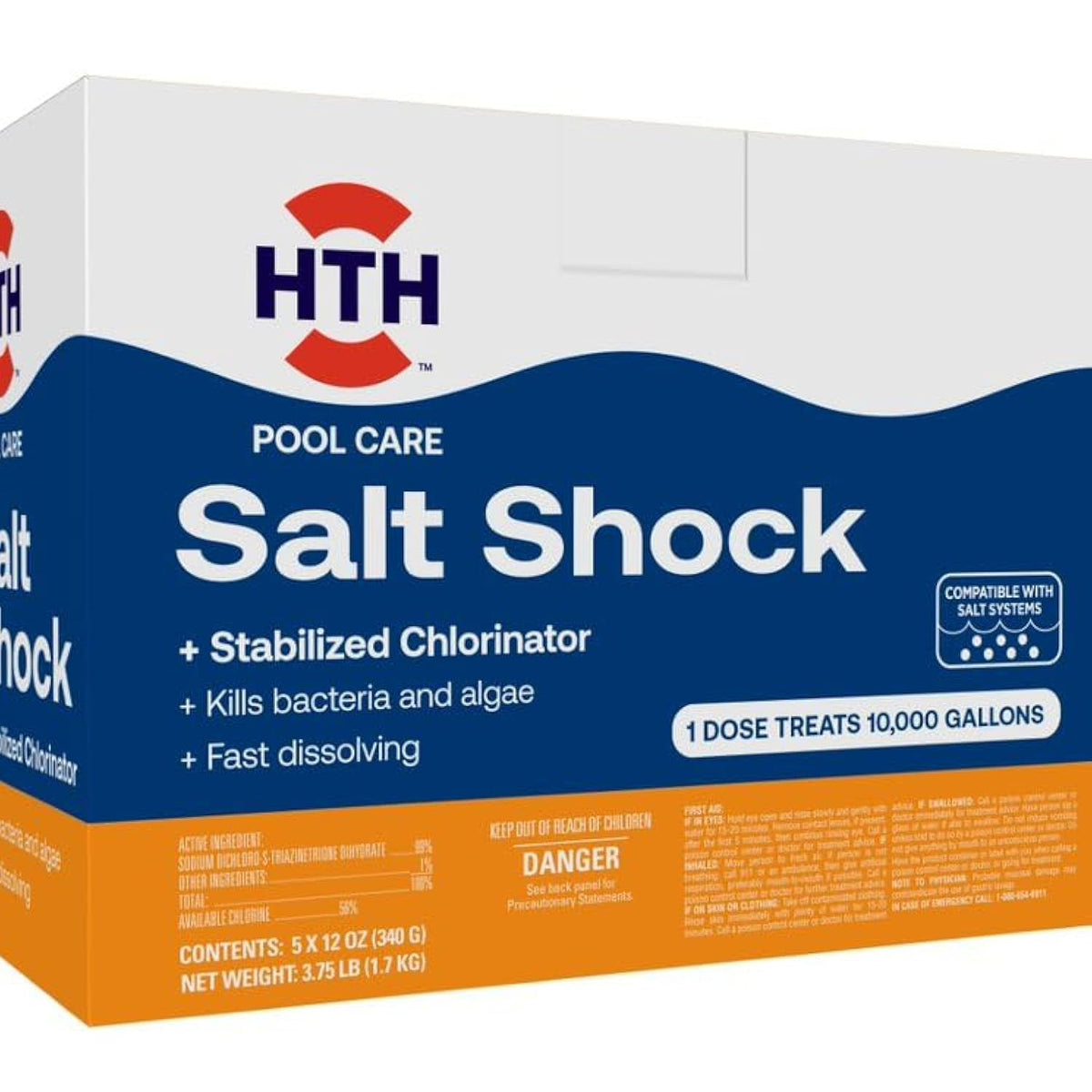 HTH Salt Shock packets 5x12oz dissolving quickly to treat 10,000 gallons