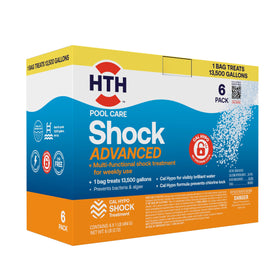 HTH Shock Advanced 6-Pack bottle enables quick pool treatment for crystal-clear water.