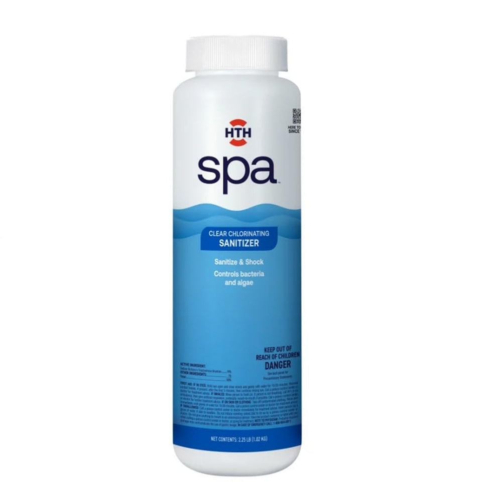 HTH Spa Clear Chlorinating Sanitizer bottle ready for simple spa disinfection