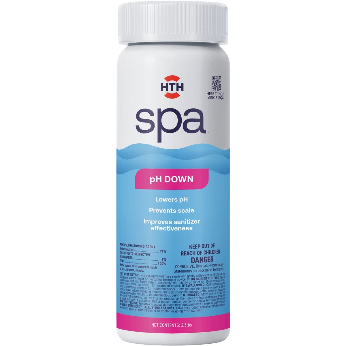 HTH Spa pH Down bottle poured to balance spa water and reduce scaling