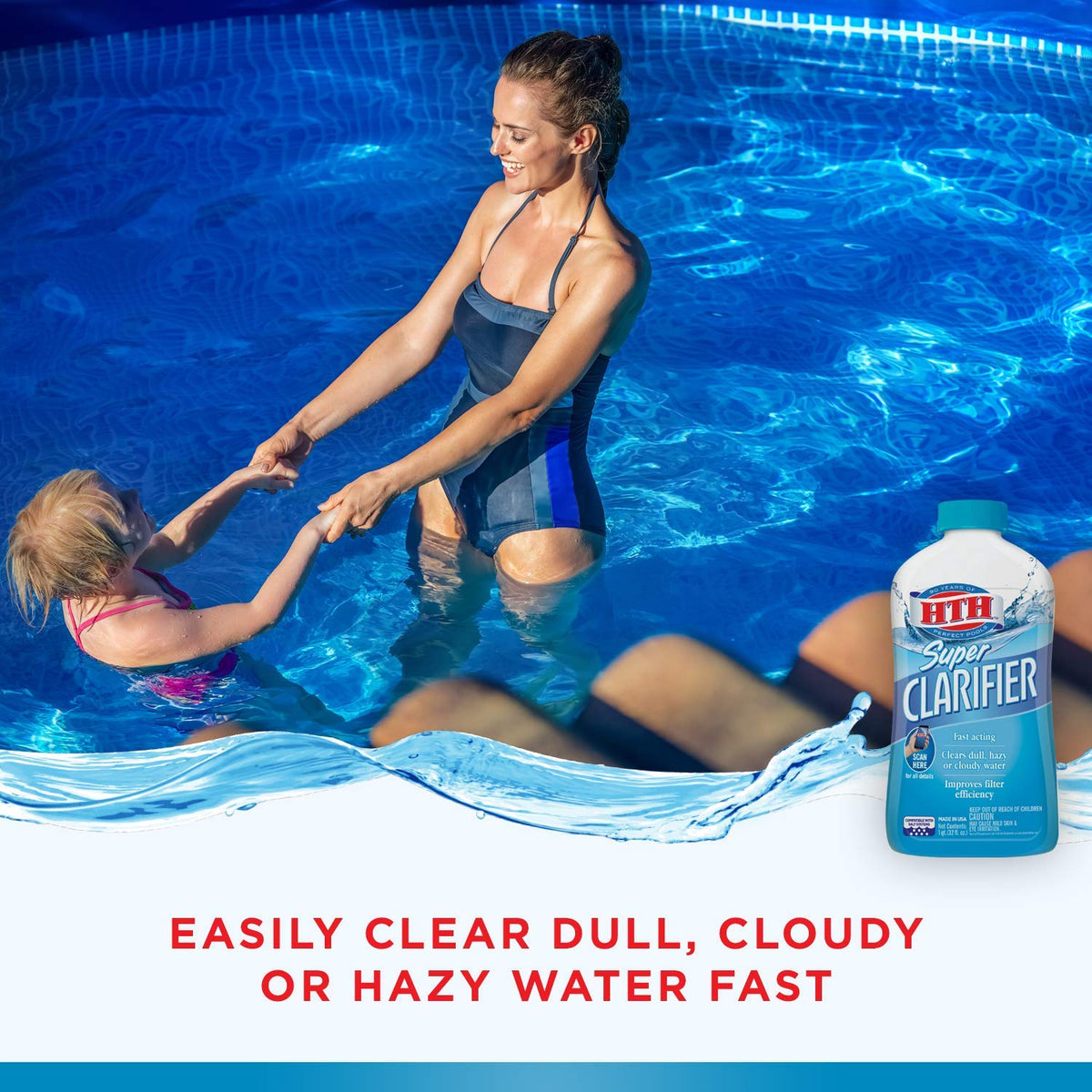 HTH Super Clarifier pool water clarity shot highlights improved filtration