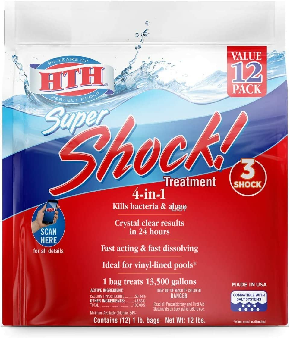 HTH Super Shock 12-pack bottle boosts chlorine for clearer, healthier pool water.