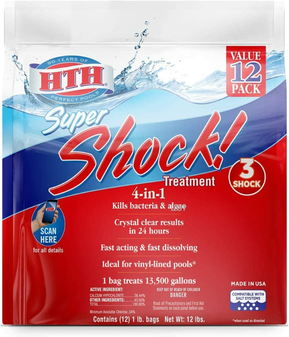 HTH Super Shock 12-pack bottle boosts chlorine for clearer, healthier pool water.