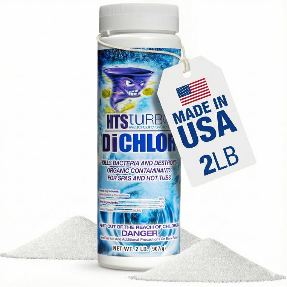 HTS Turbo chlorine granules in a 2lb bottle for hot tubs
