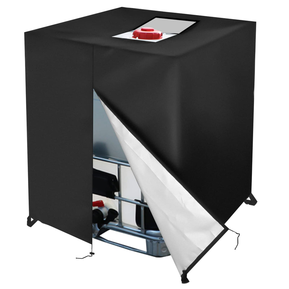 Huapate zipper tote cover protects a 275 gallon tote from rain.