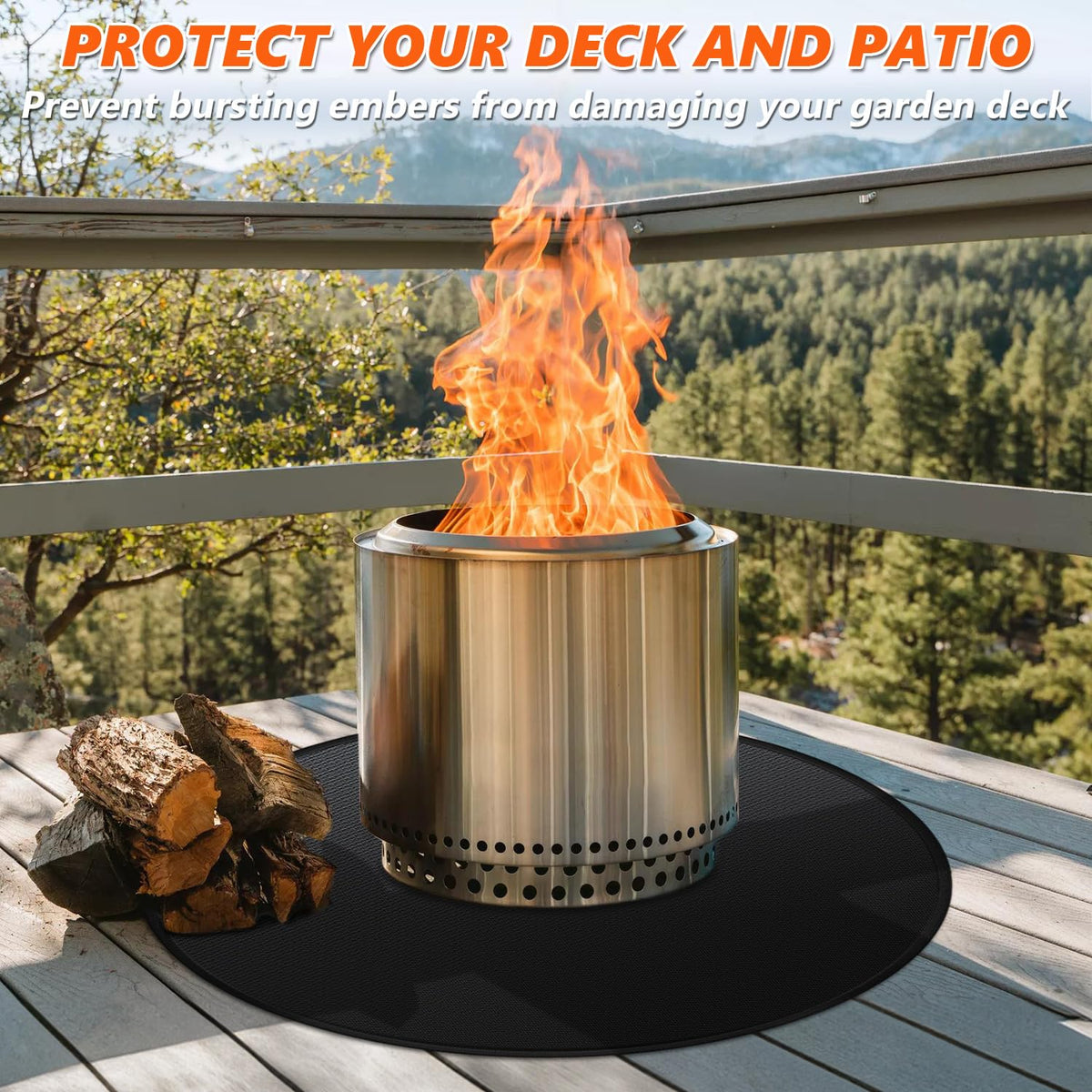 Huchiz 24-inch fire pit mat under grill close-up shows heat-resistant design.