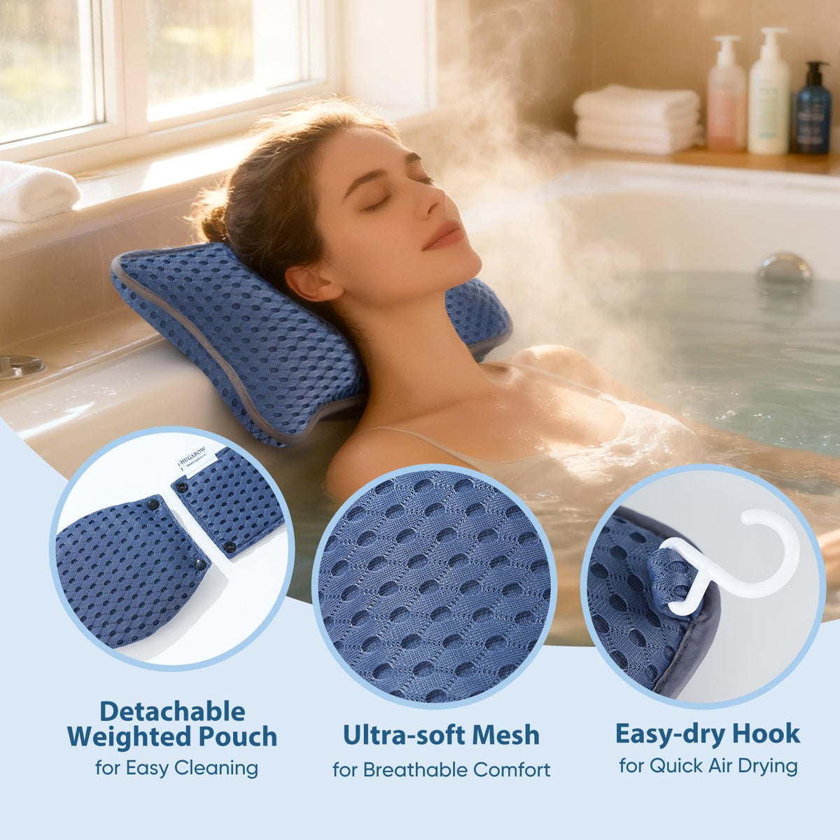 Hugabow pillow features removable weighted pouch for easy washing and quick drying.