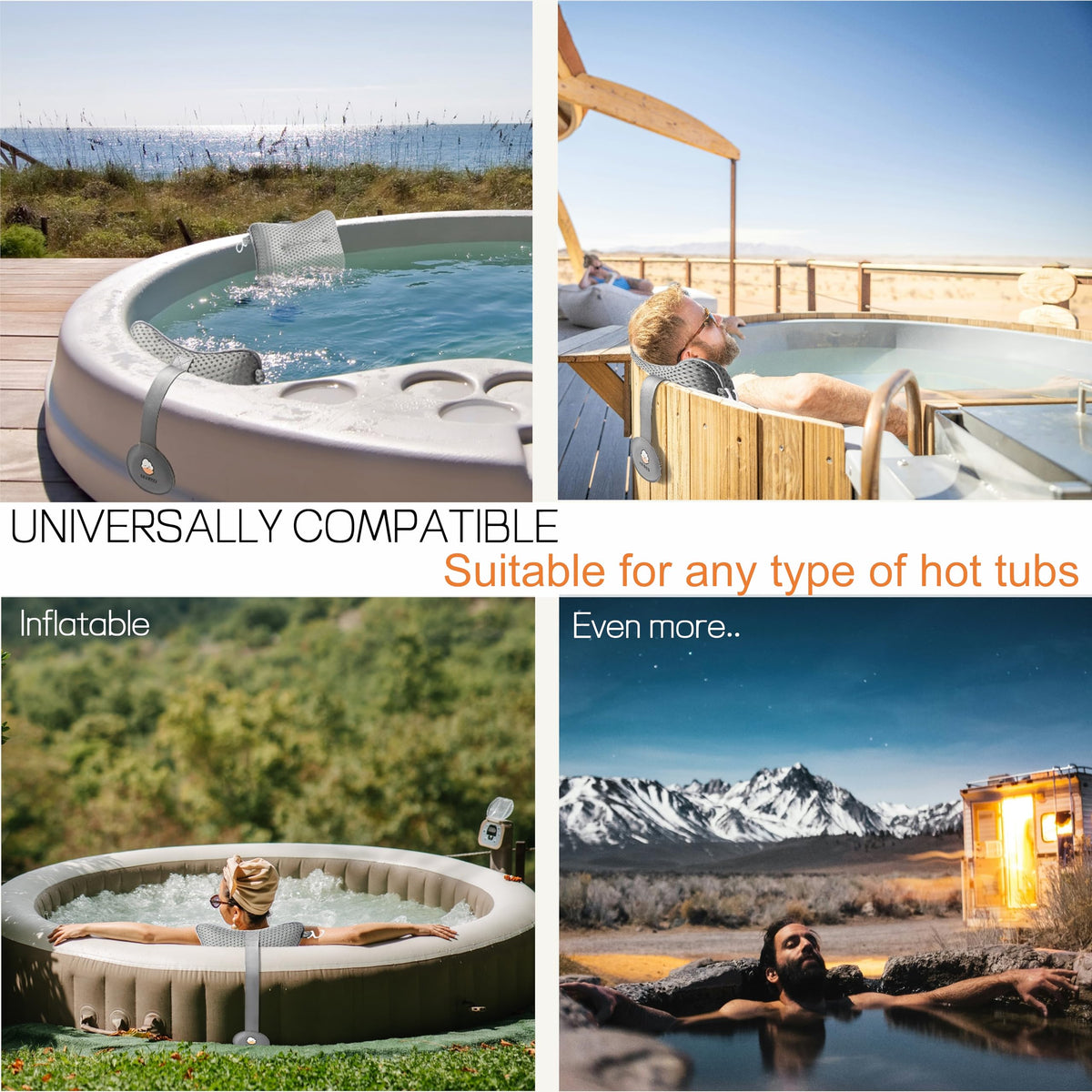 Hugabow stability system maintains pillow position for worry-free soaking.