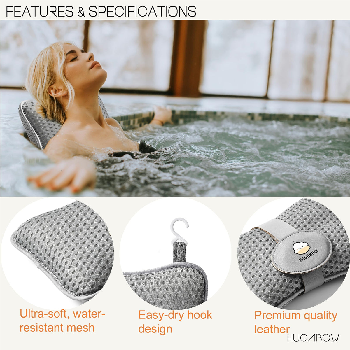 Hugabow water-resistant soft cover keeps spa pillow fresh between uses.