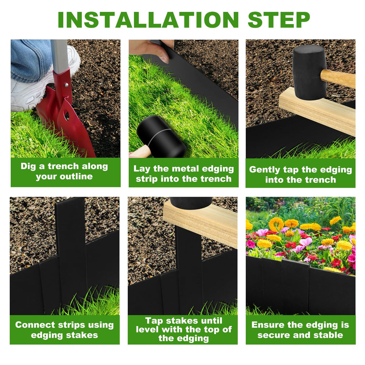 Hugeleaf easy-assembly edging demonstrates quick setup along pathways and bed edges.