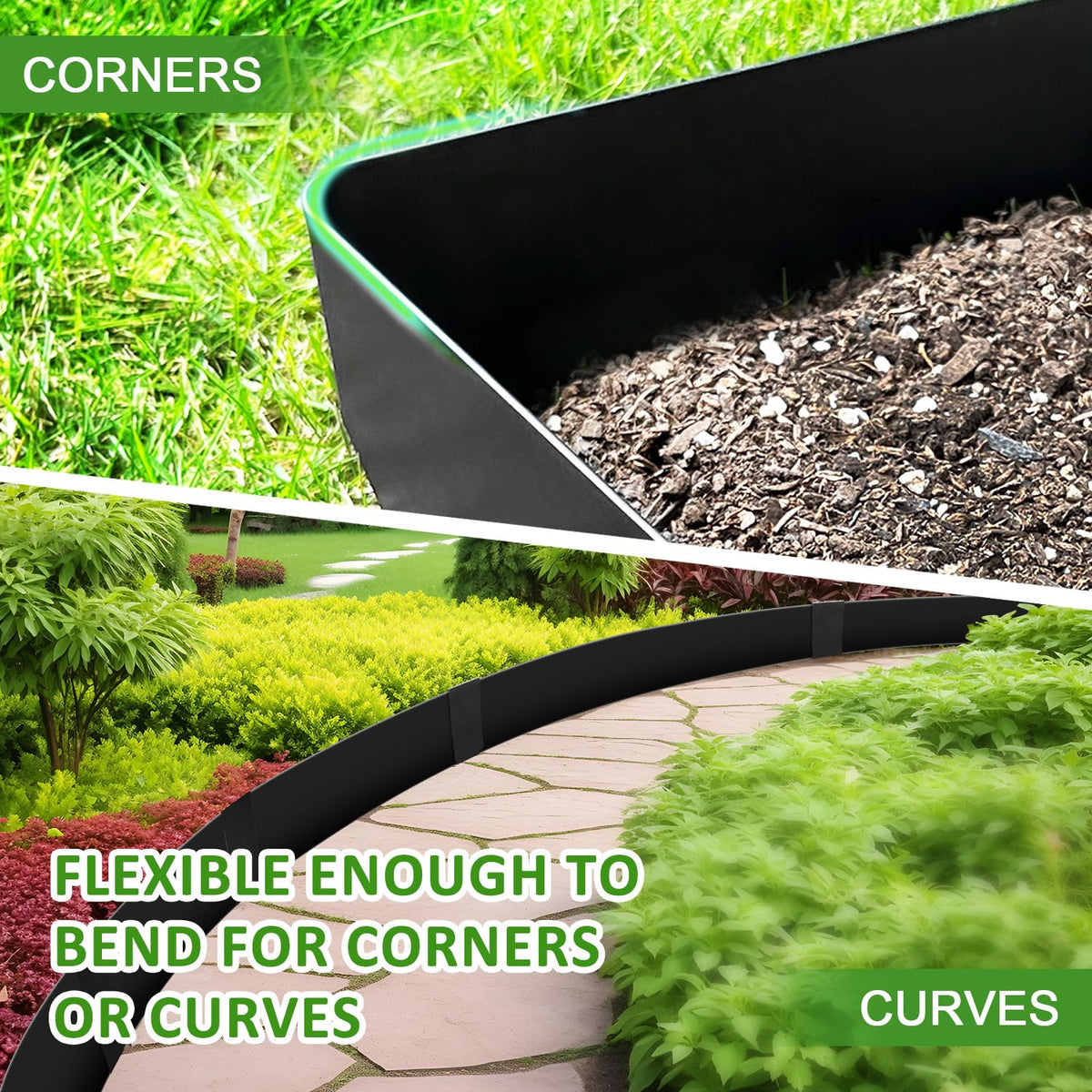Hugeleaf powder-coated steel edging shown for weather-resistant garden and lawn boundaries.