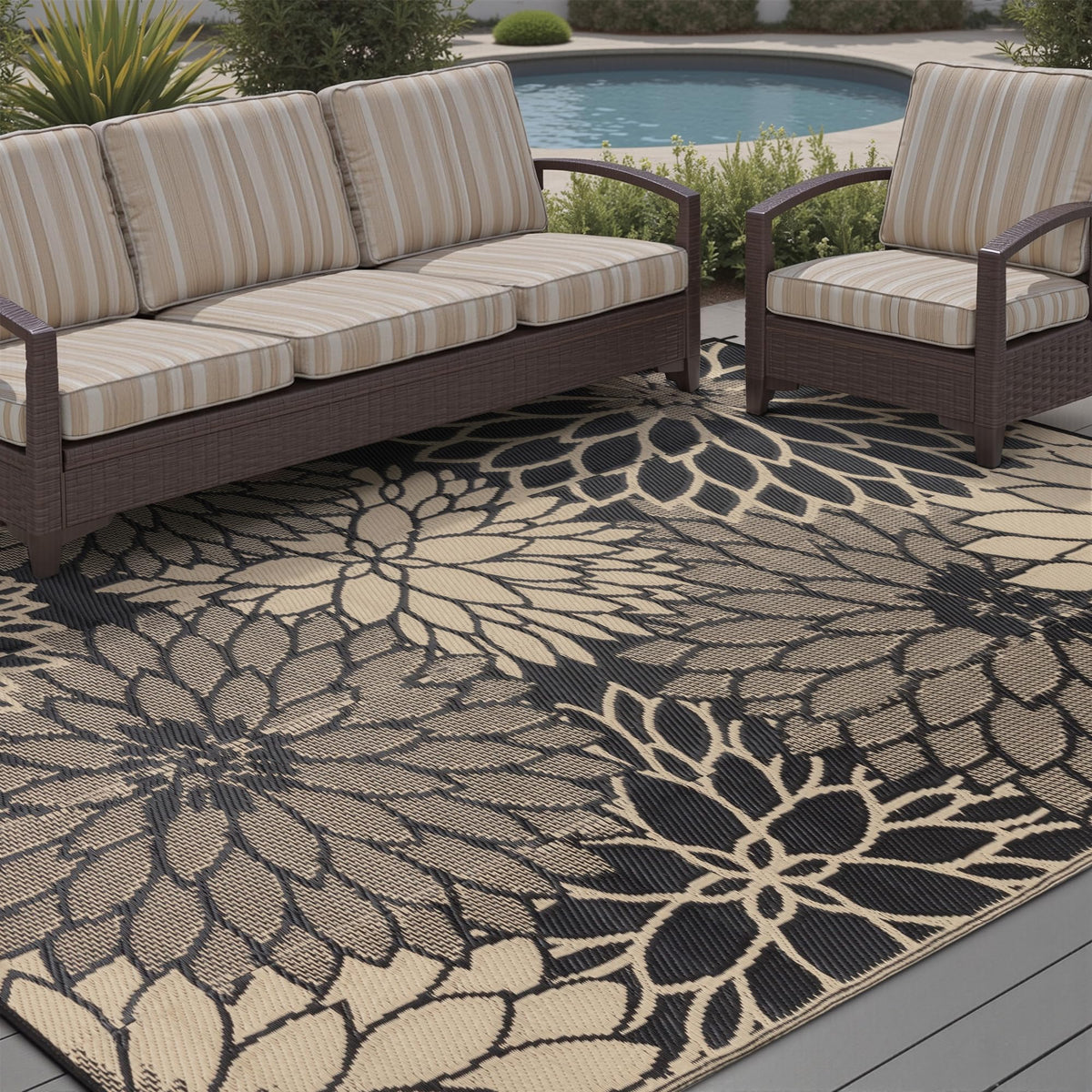 HUGEAR brown floral mat tolerates outdoor foot traffic with UV protection.