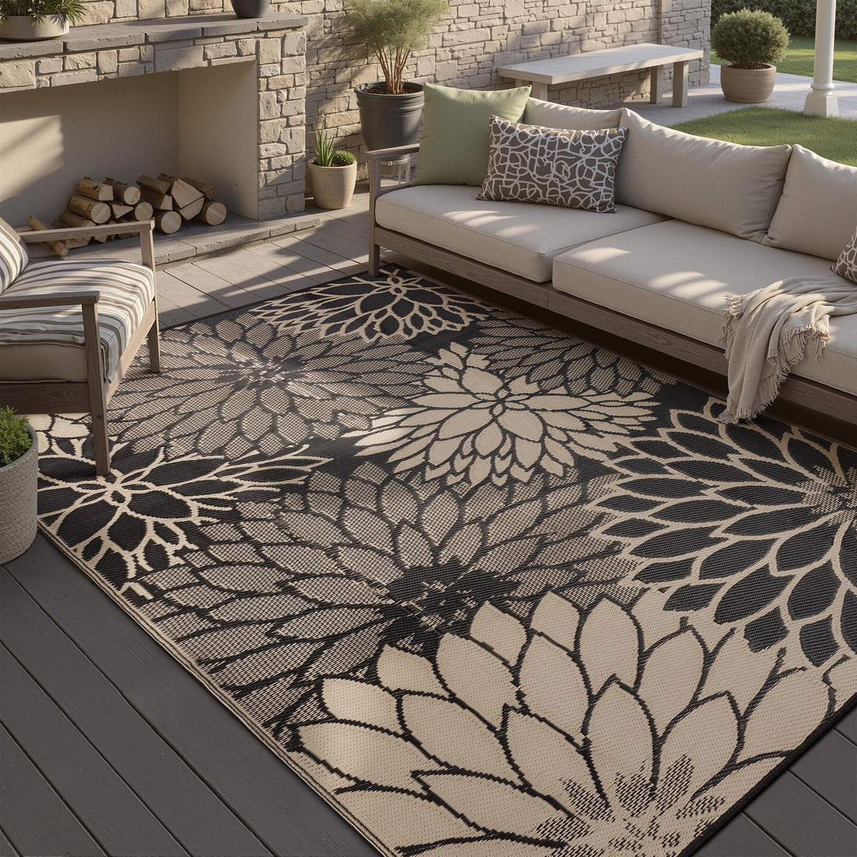 HUGEAR outdoor rug 5x8 waterproof brown, ideal for patios and decks.