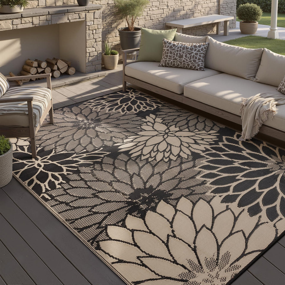 HUGEAR outdoor rug 5x8 waterproof brown, ideal for patios and decks.
