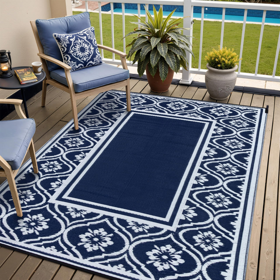 HUGEAR plastic outdoor rug 6x9 blue, water-resistant for patios and decks