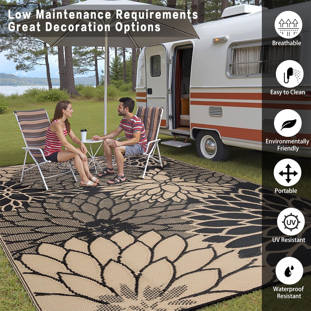 HUGEAR RV and camping rug creates comfortable outdoor seating areas.