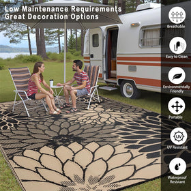 HUGEAR RV and camping rug creates comfortable outdoor seating areas.