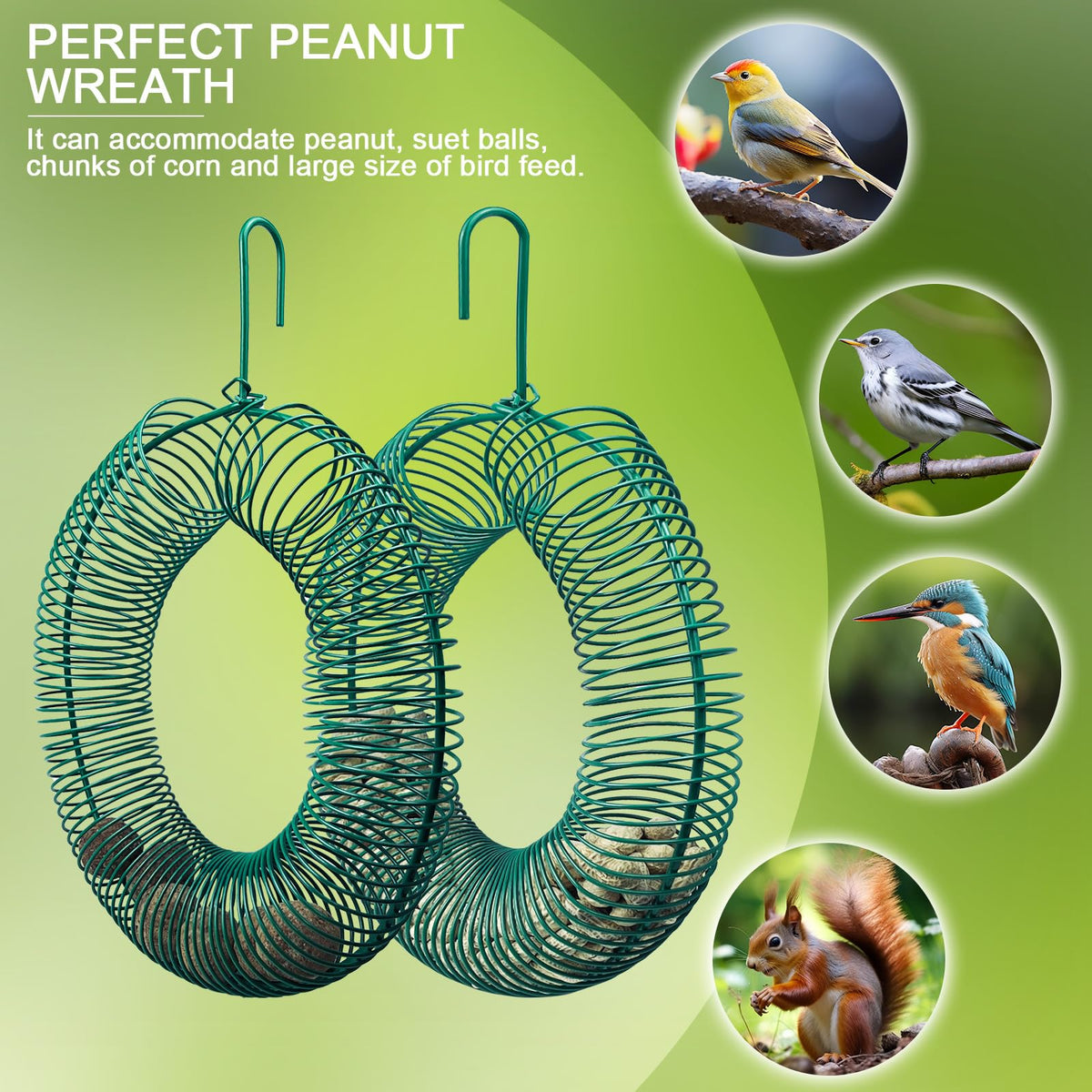 Hugeleaf wreath-design feeder highlights sturdy build for squirrels and large-nut loving birds.