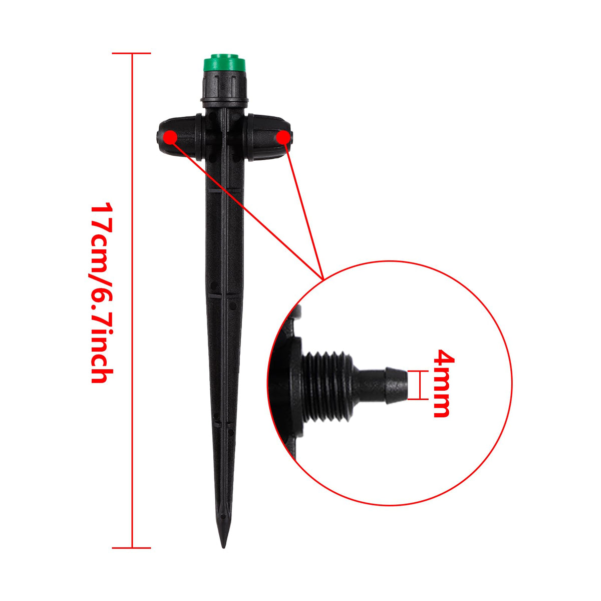 HUISUYTON 6-5 inch stake emitter shows adjustable placement for targeted irrigation.