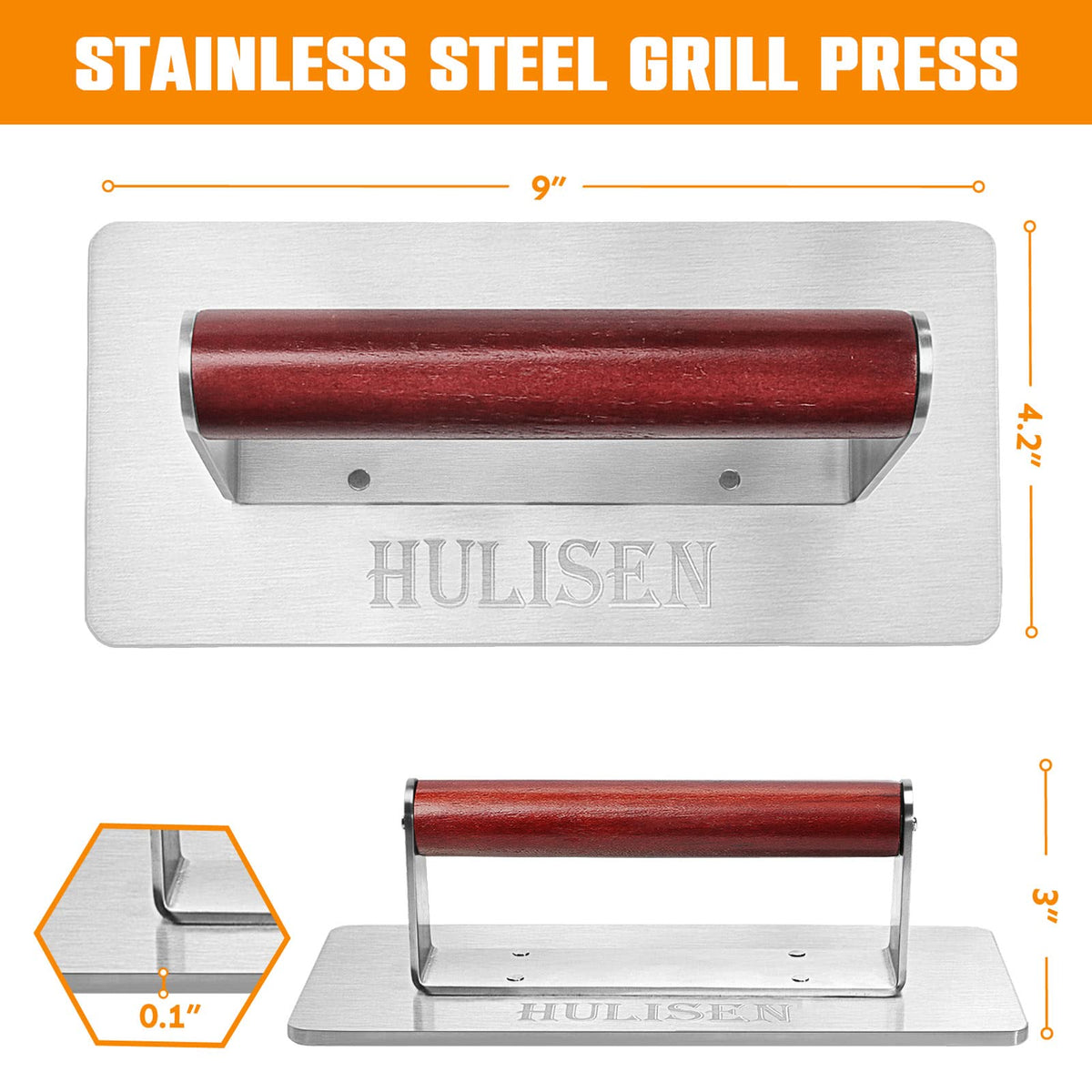 HULISEN burger press with wood handle provides a steady grip while searing.