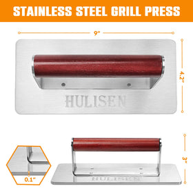 HULISEN burger press with wood handle provides a steady grip while searing.
