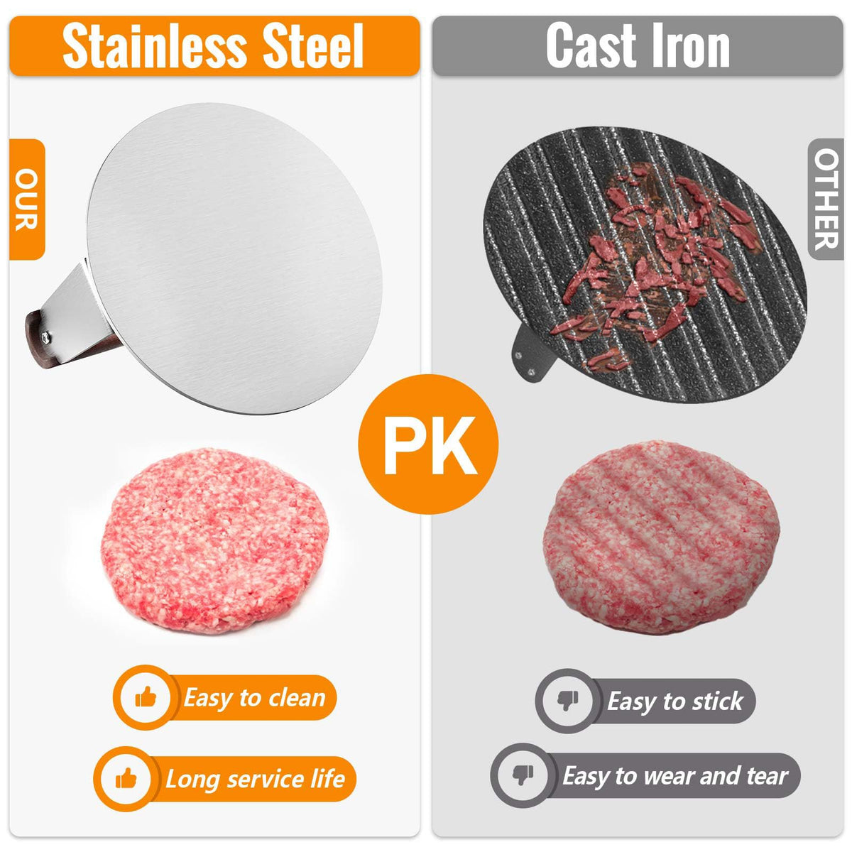 HULISEN 6-inch round press for flattening burgers evenly.