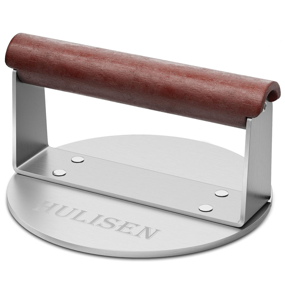 HULISEN burger smasher with flat stainless surface for even cooking.