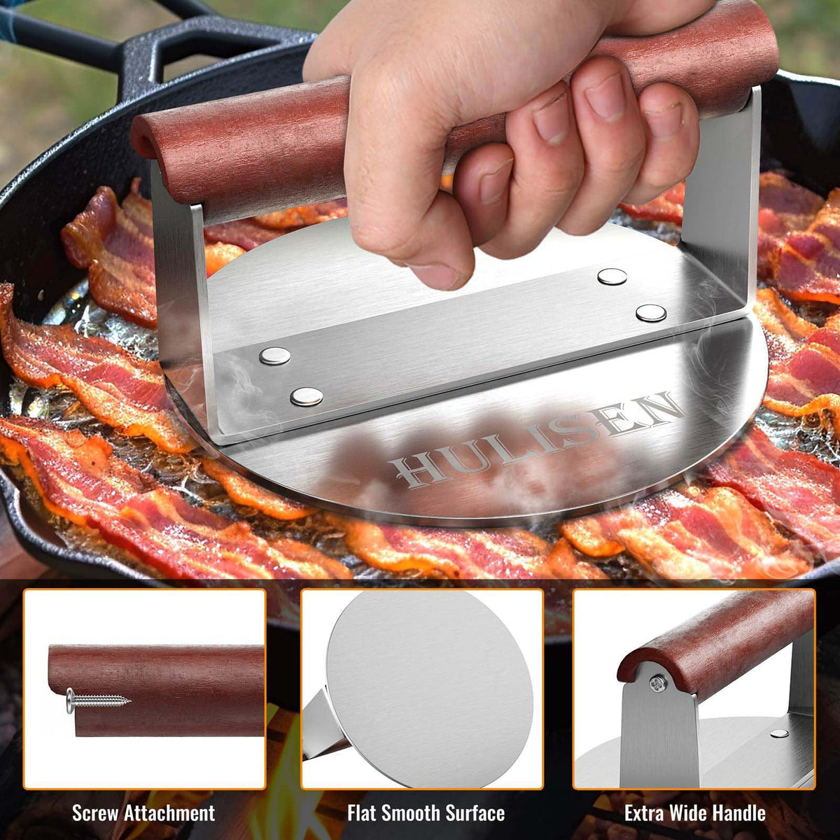 HULISEN burger smasher wooden handle providing safe, cool-touch grip.