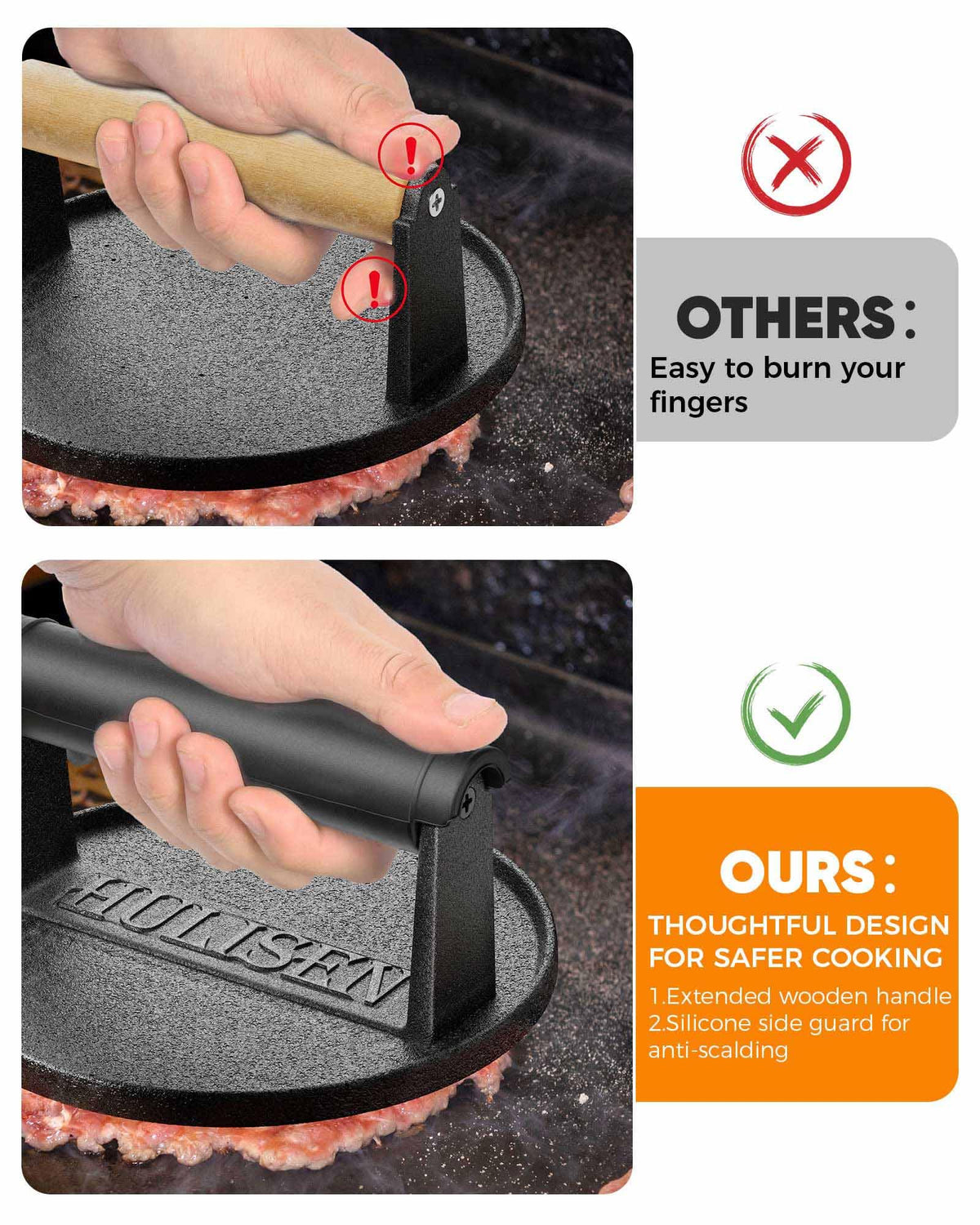 HULISEN cast iron press on a griddle delivering uniform contact and sear