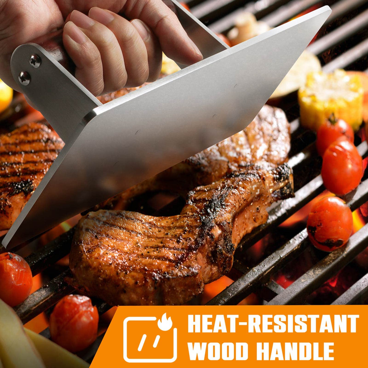 HULISEN fat-drain press helps reduce excess oils during grilling.