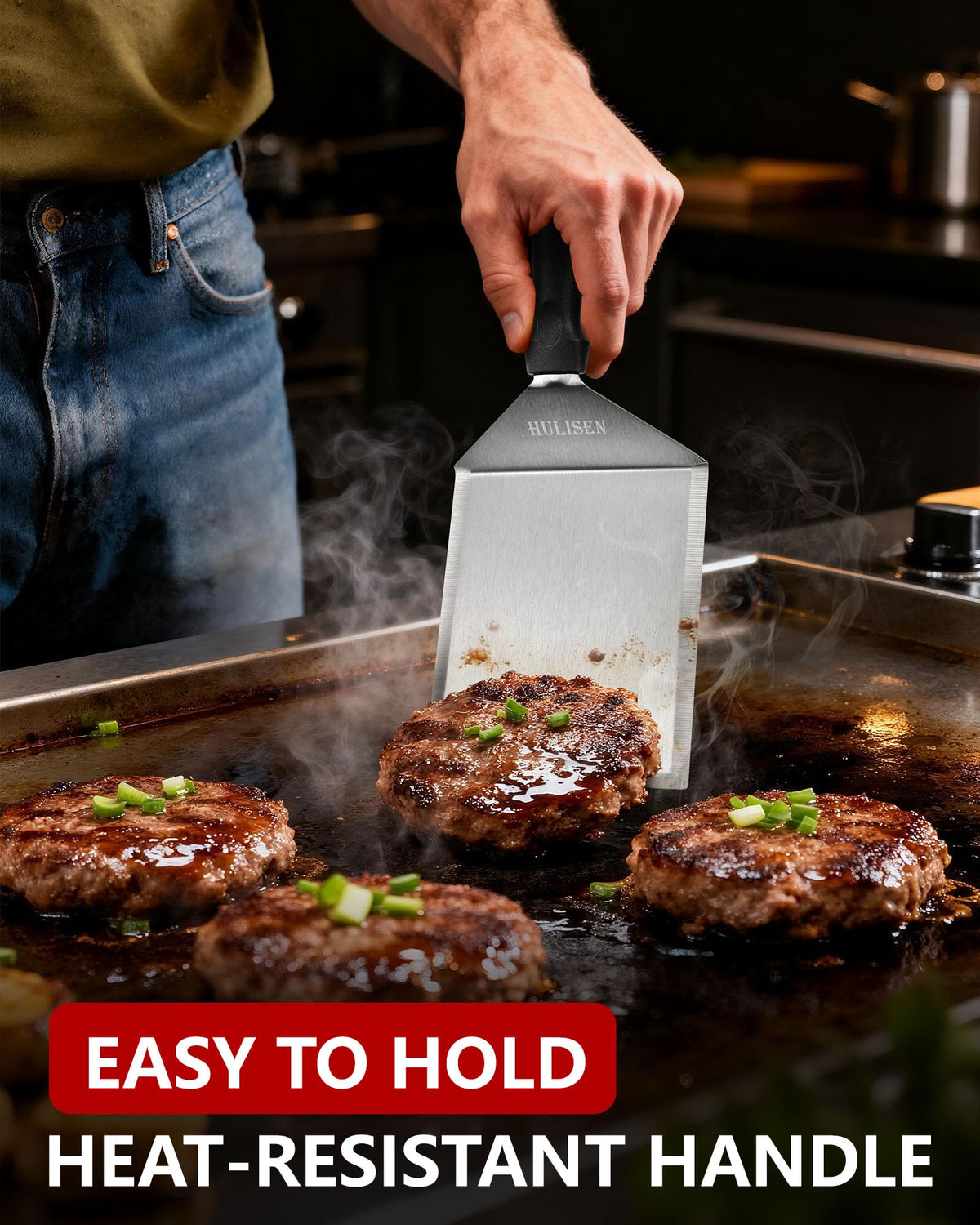 HULISEN spatula with cutting edges for precise burger smashing and trimming.