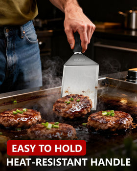HULISEN spatula with cutting edges for precise burger smashing and trimming.
