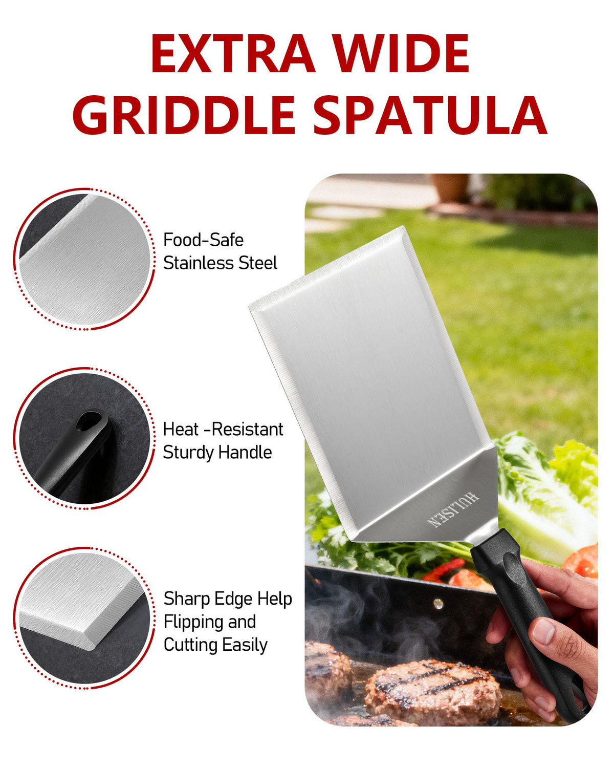 HULISEN spatula wide surface supports lifting oversized burgers securely.