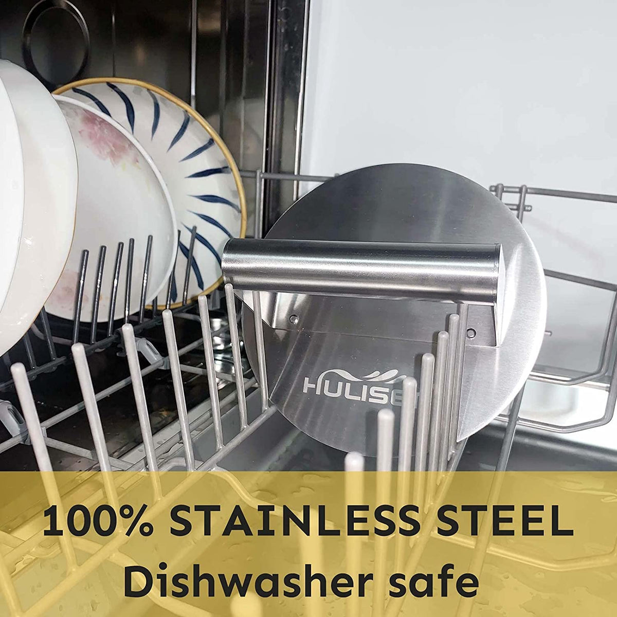 HULISEN burger press dishwasher-safe cleanup after cooking.