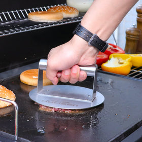 HULISEN burger press flat bottom detail for consistent patty thickness.
