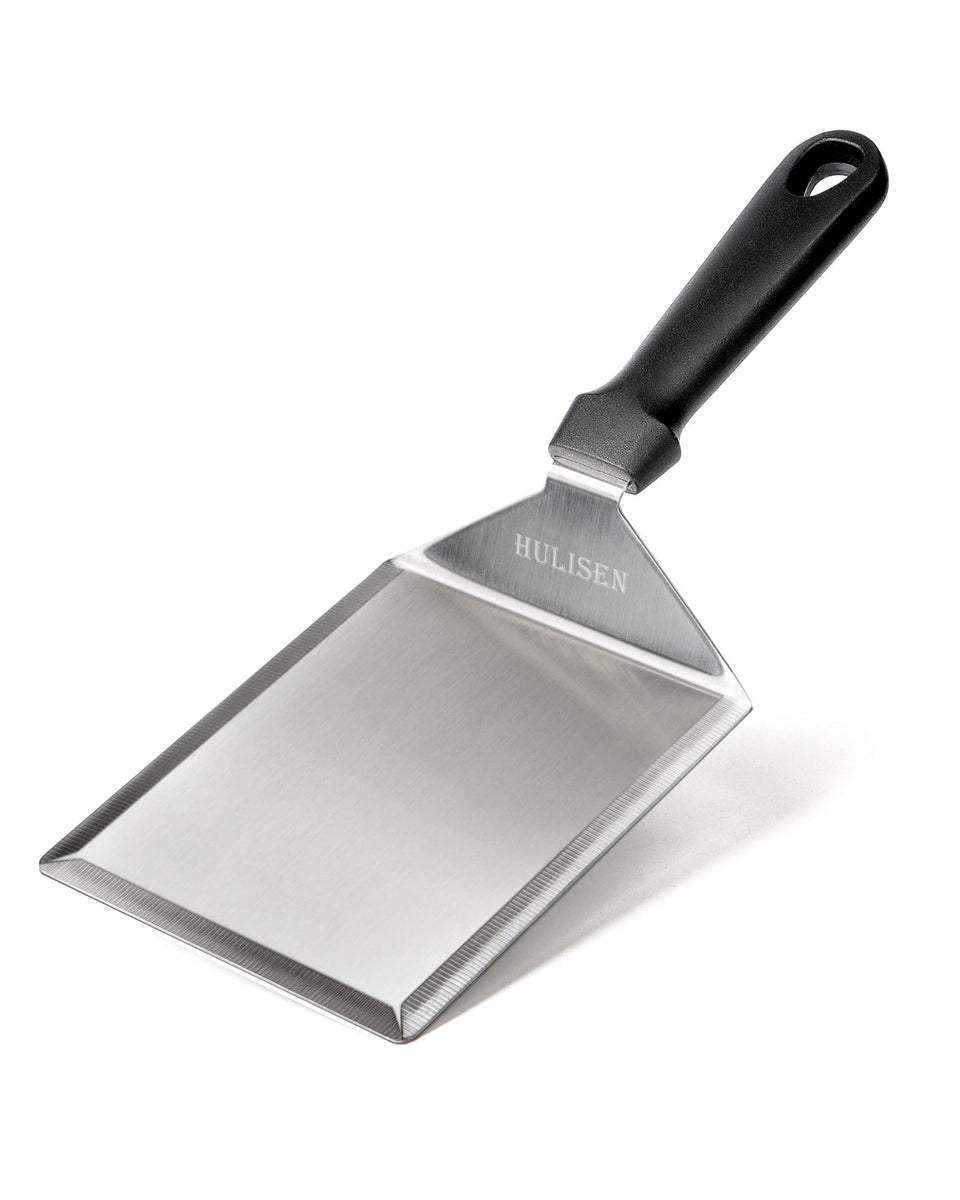 HULISEN stainless steel large grill spatula with 6x5 inch surface for flipping burgers.