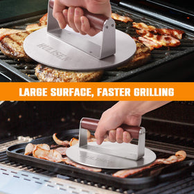 HULISEN wooden-handle burger press with comfortable grip during grilling