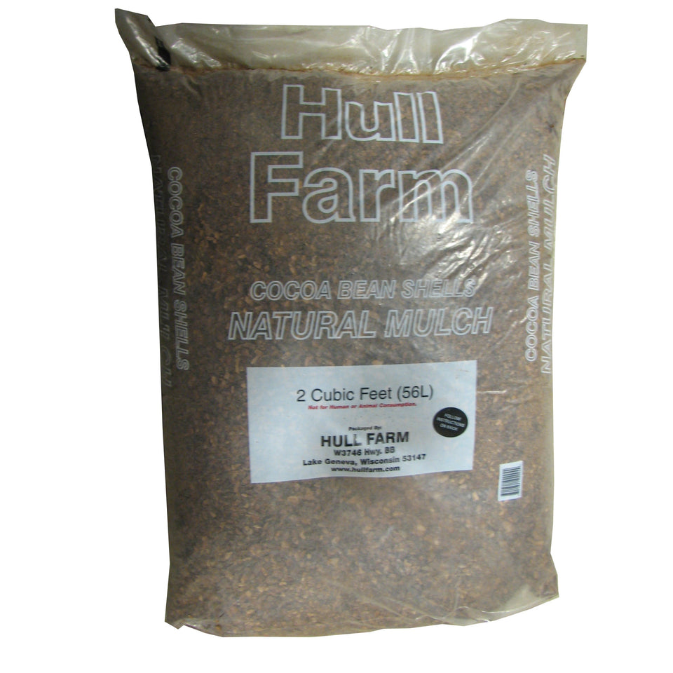 Hull Farm Cocoa Bean Shell Mulch bag enhances beds, conserves moisture, suppresses weeds.