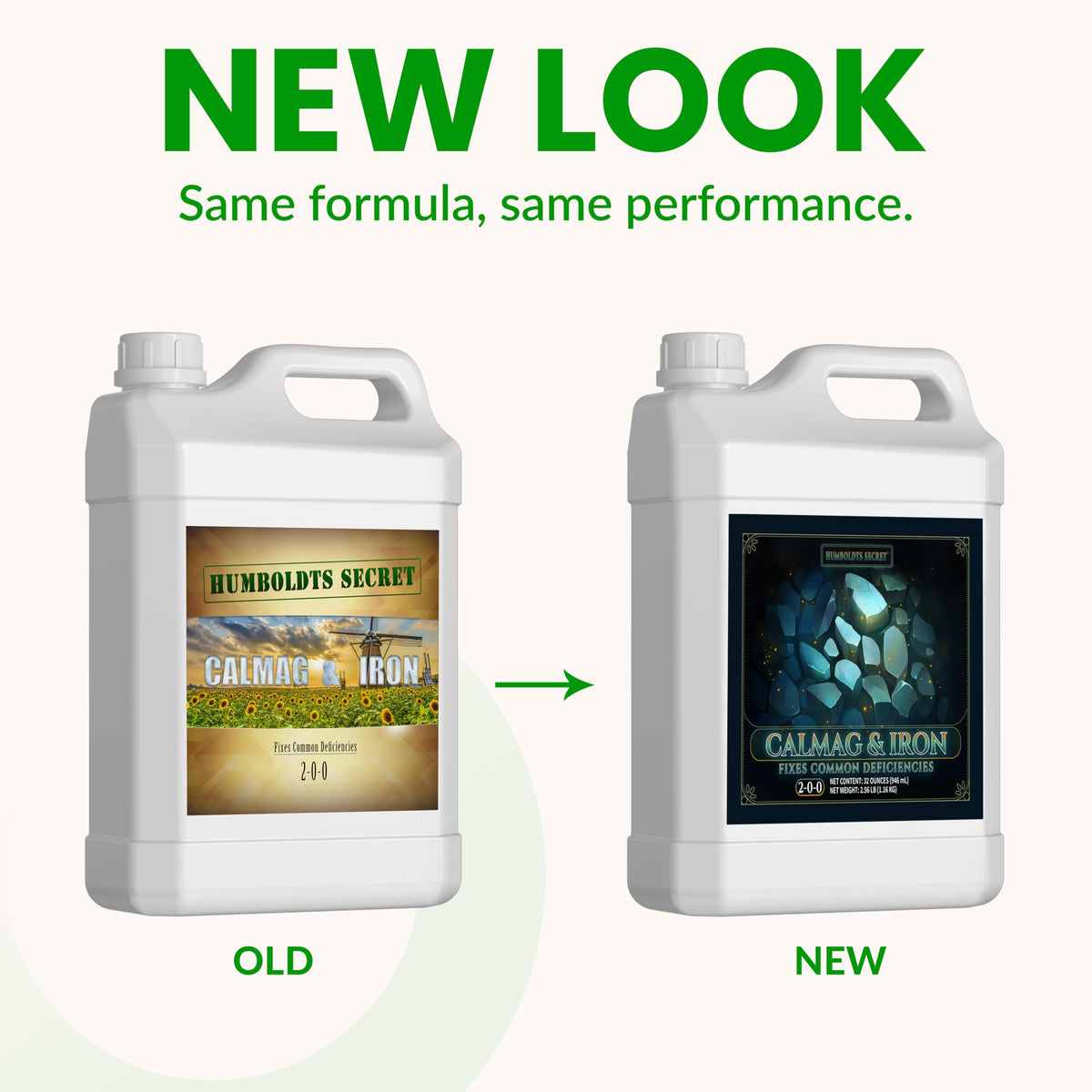 Humboldts Secret CalMag & Iron bottle closeup highlighting premium liquid fertilizer for steady nutrition