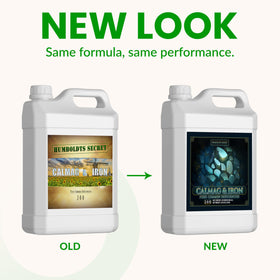 Humboldts Secret CalMag & Iron bottle closeup highlighting premium liquid fertilizer for steady nutrition