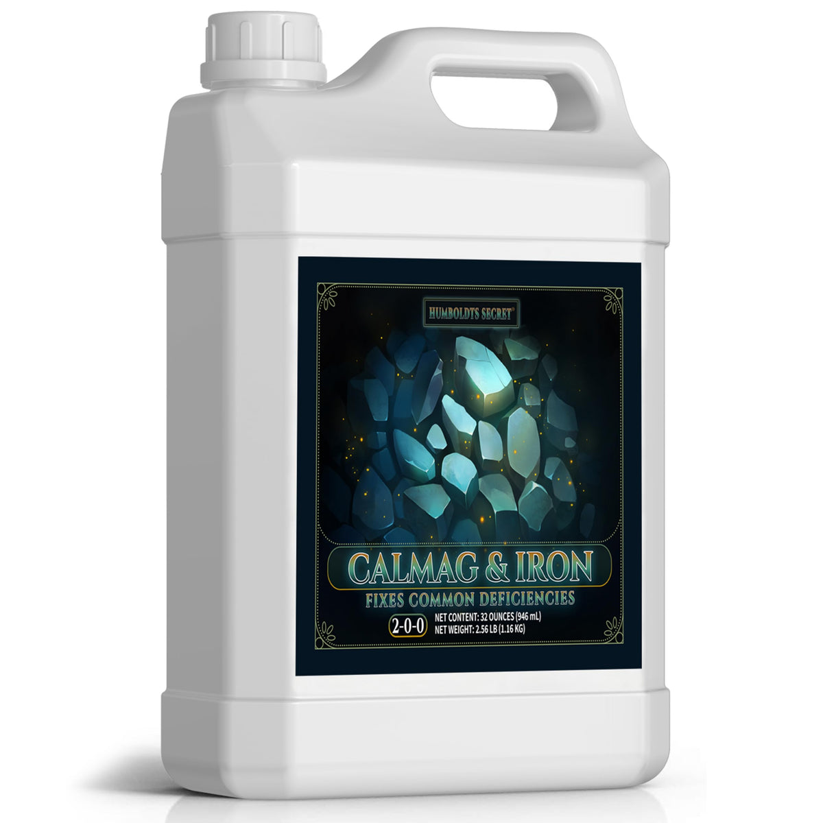 Humboldts Secret CalMag & Iron bottle pour showing easy dosing for healthier growth