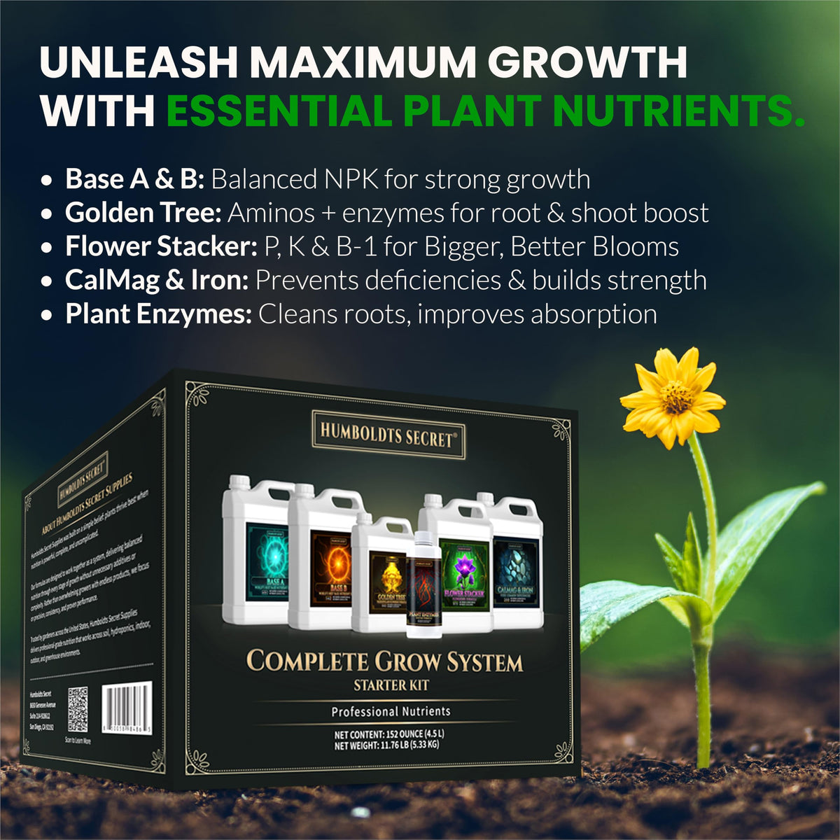 Humboldts Secret Flower Stacker bottle highlights bloom potential for vibrant flowers.