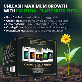 Humboldts Secret Flower Stacker bottle highlights bloom potential for vibrant flowers.