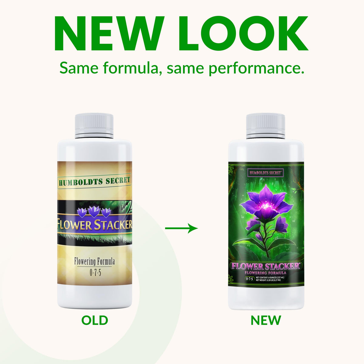 Humboldts Secret Flower Stacker label close-up showing bloom formula