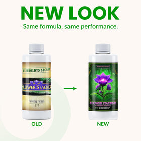 Humboldts Secret Flower Stacker label close-up showing bloom formula