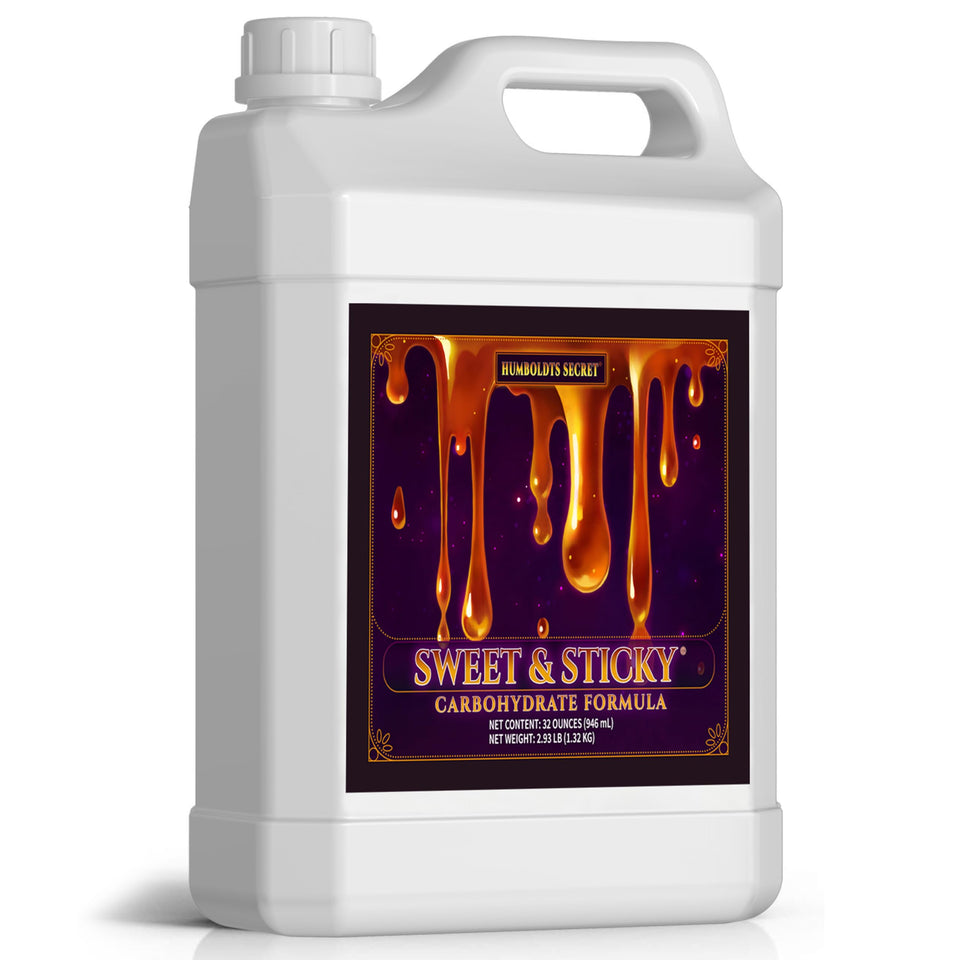 Humboldts Secret Sweet & Sticky bottle pouring enhances root vitality for healthier growth.