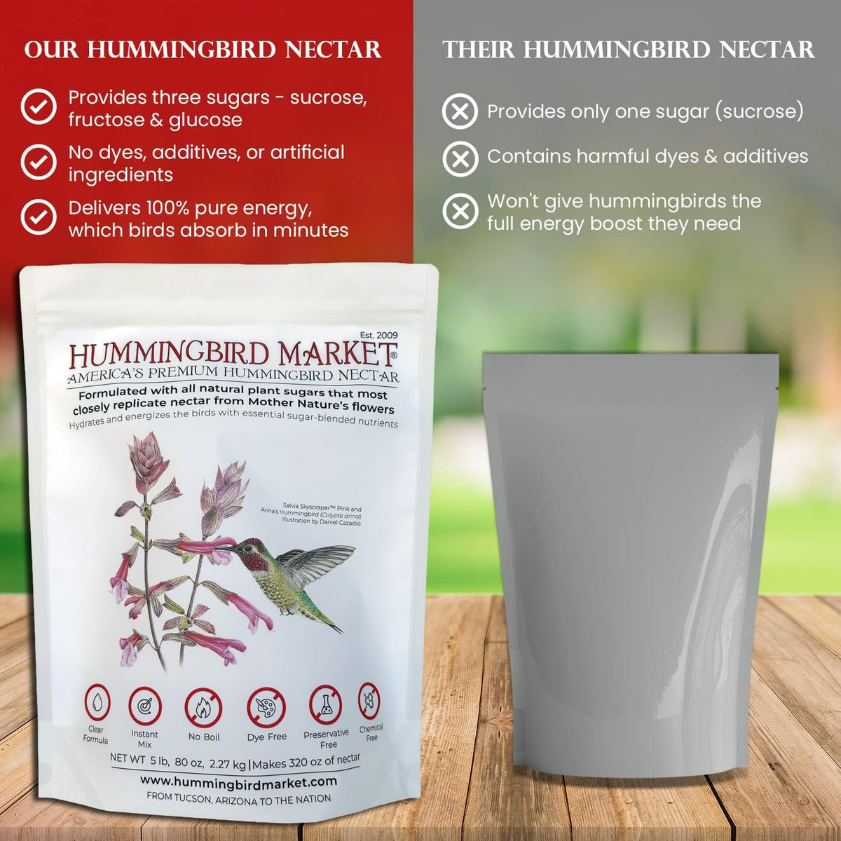 Hummingbird Market feeder-ready nectar attracts visiting hummingbirds