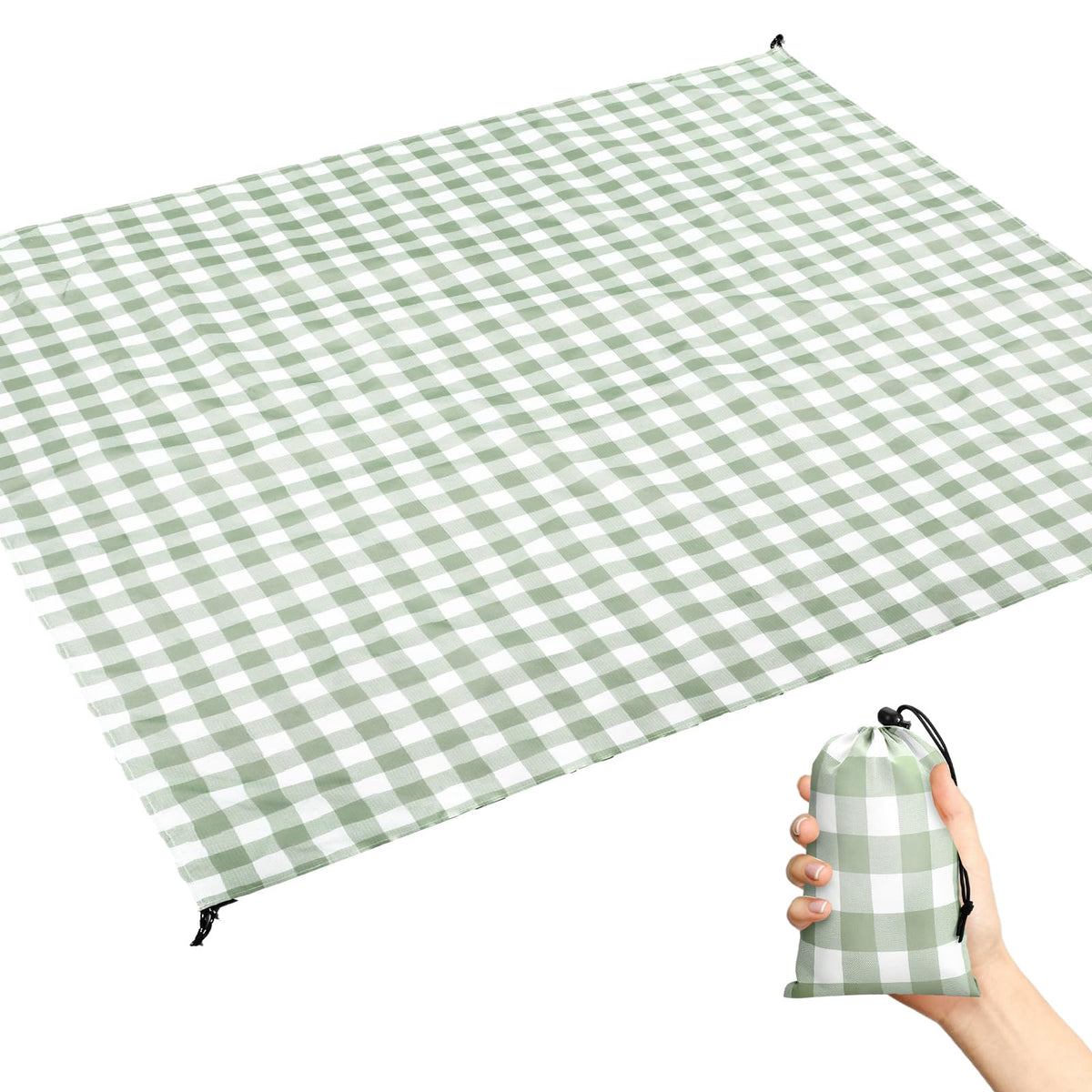 HunnmingRe green gingham pocket picnic blanket stored in its matching bag for travel.