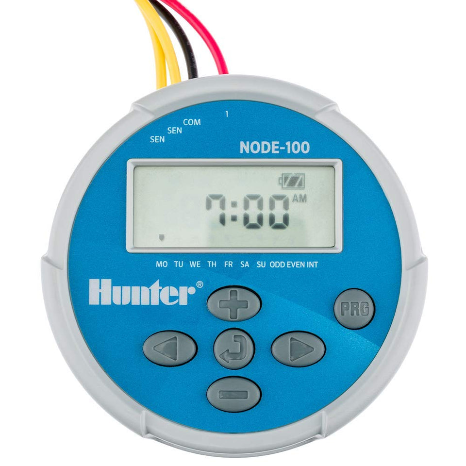 Hunter NODE-100 battery-powered timer front view showing easy install