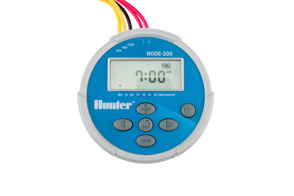 Hunter NODE-200 timer front view; compact battery-powered irrigation control for isolated sites.